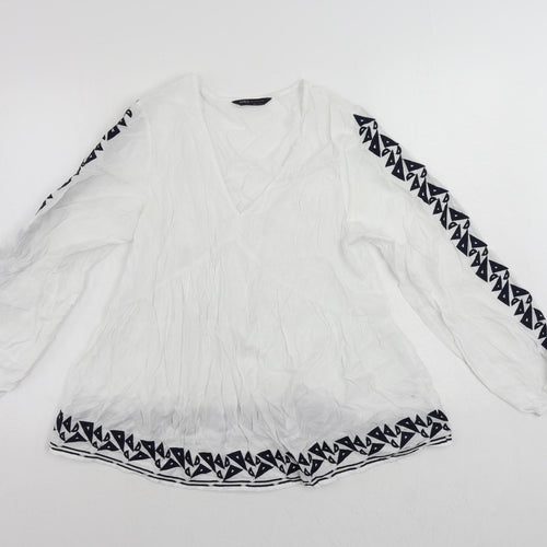 Marks and Spencer Womens White Viscose Basic Blouse Size 8 V-Neck - Embroidered