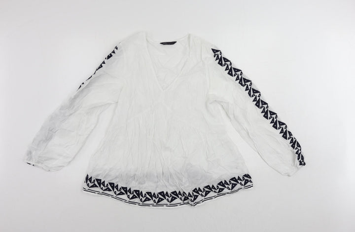 Marks and Spencer Womens White Viscose Basic Blouse Size 8 V-Neck - Embroidered