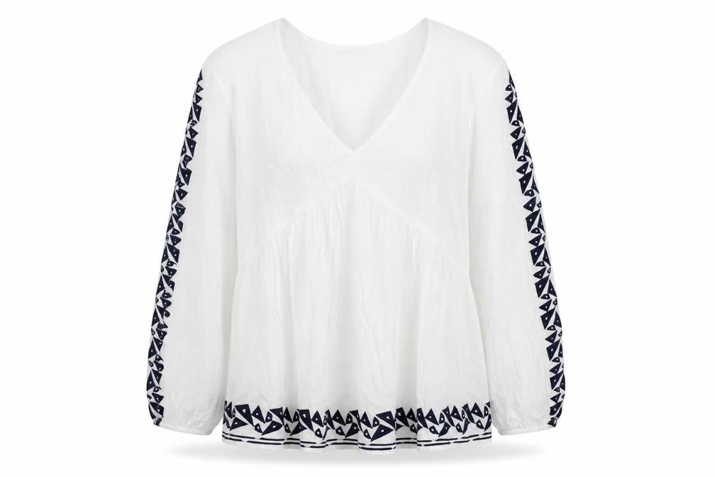 Front view of Marks & Spencer women’s white viscose basic blouse, size UK 8, v-neck - embroidered