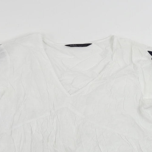 Marks and Spencer Womens White Viscose Basic Blouse Size 8 V-Neck - Embroidered