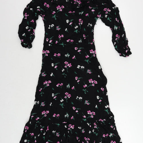 Marks and Spencer Womens Black Floral Viscose A-Line Size 8 Round Neck Button