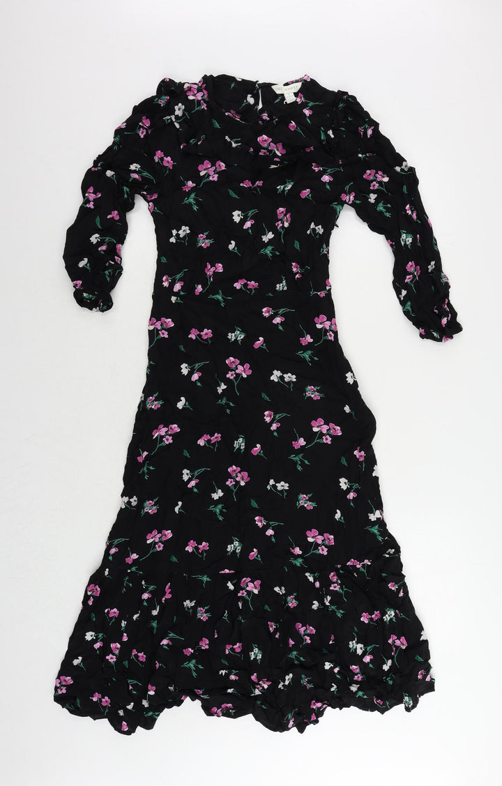 Marks and Spencer Womens Black Floral Viscose A-Line Size 8 Round Neck Button