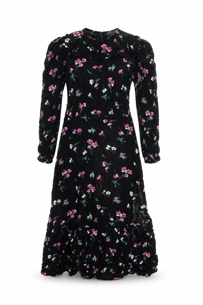 Marks and Spencer Womens Black Floral Viscose A-Line Size 8 Round Neck Button