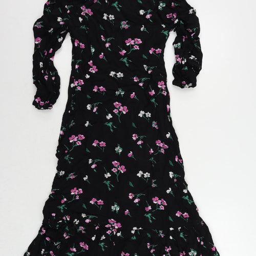 Marks and Spencer Womens Black Floral Viscose A-Line Size 8 Round Neck Button