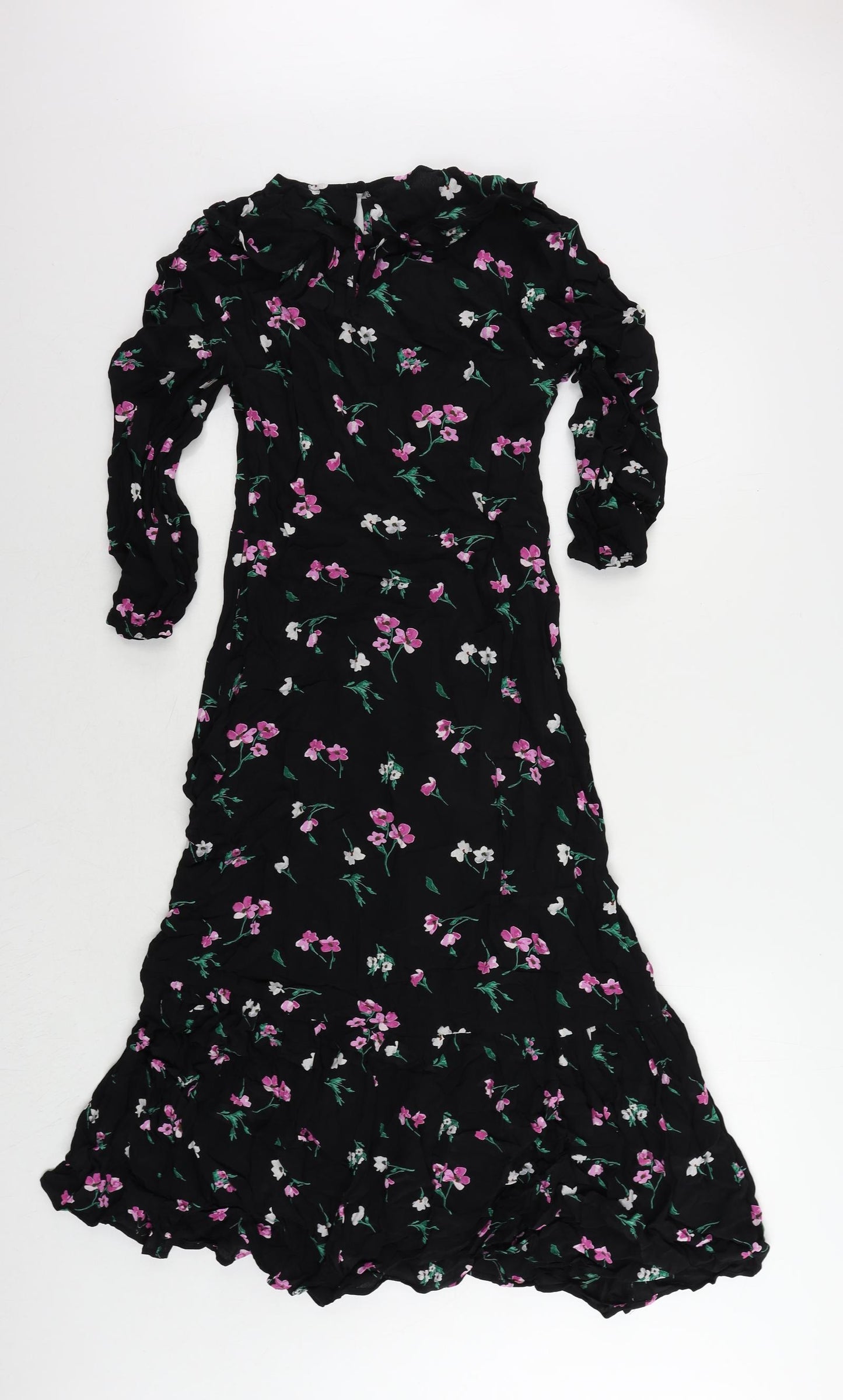 Marks and Spencer Womens Black Floral Viscose A-Line Size 8 Round Neck Button