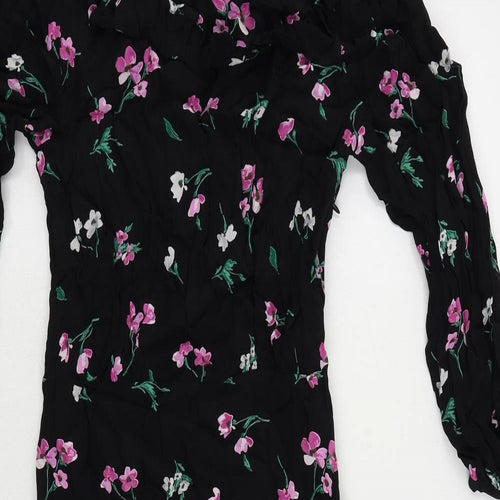 Marks and Spencer Womens Black Floral Viscose A-Line Size 8 Round Neck Button