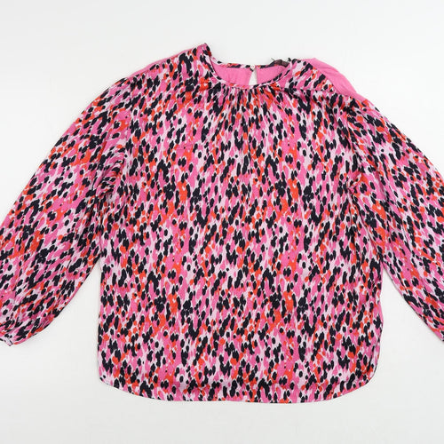 Marks and Spencer Womens Pink Animal Print Polyester Basic Blouse Size 8 Round Neck