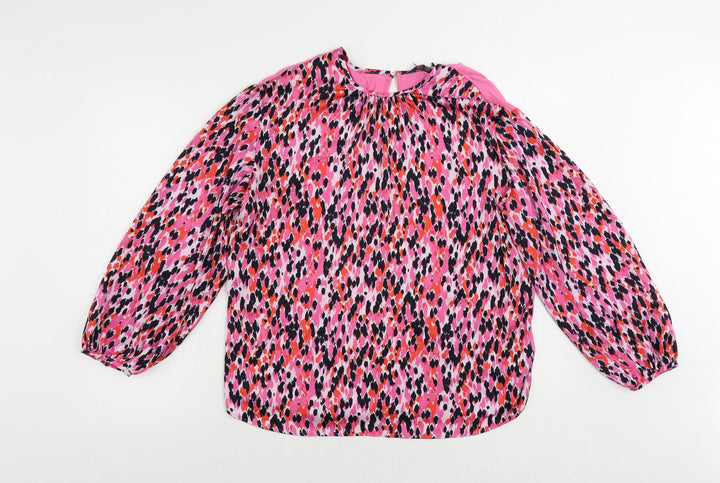 Marks and Spencer Womens Pink Animal Print Polyester Basic Blouse Size 8 Round Neck