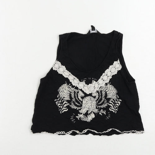 New Look Womens Black Cotton Cropped Tank Size 10 Scoop Neck
