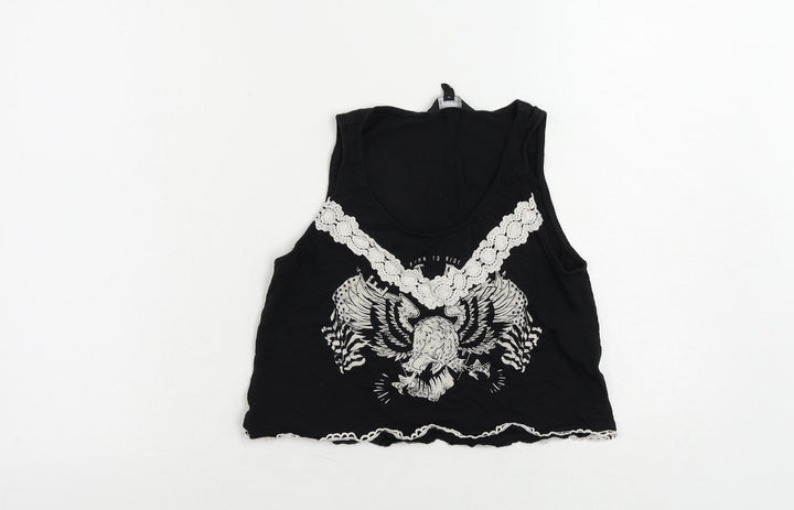 New Look Womens Black Cotton Cropped Tank Size 10 Scoop Neck