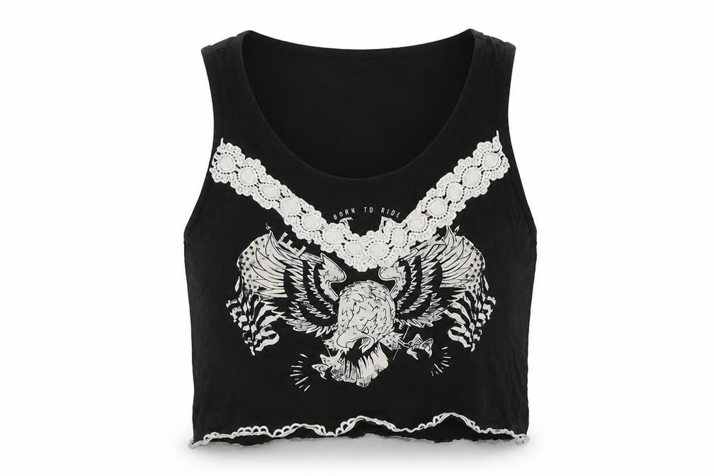 New Look Womens Black Cotton Cropped Tank Size 10 Scoop Neck