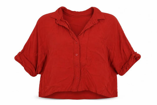 Front view of Topshop women’s red viscose basic button-up, size UK 10, collared