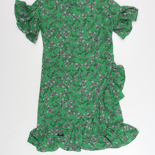 Yumi Womens Green Floral Polyester Sheath Size 8 Round Neck Zip - Ruffle