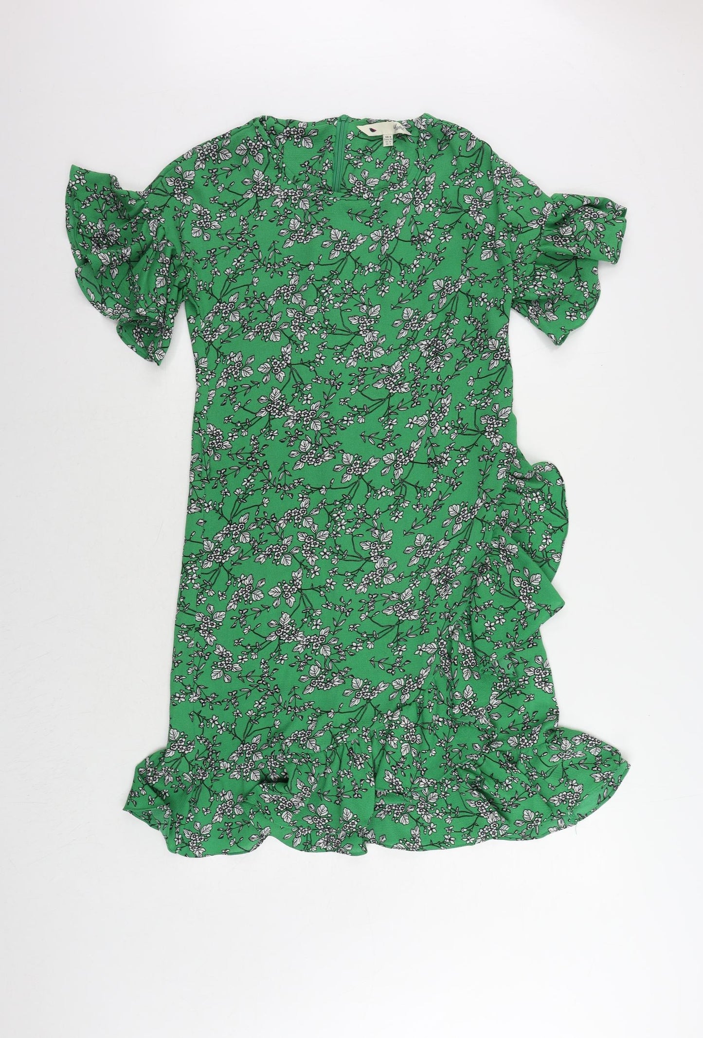 Yumi Womens Green Floral Polyester Sheath Size 8 Round Neck Zip - Ruffle