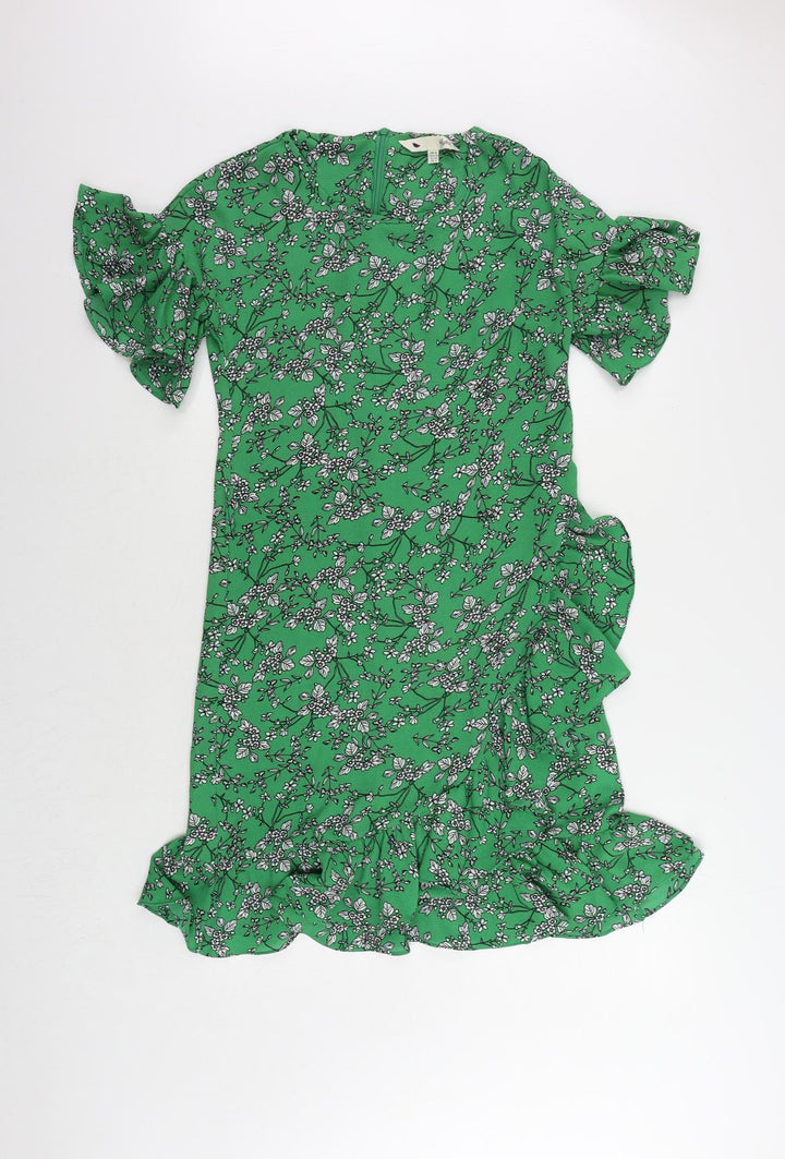 Yumi Womens Green Floral Polyester Sheath Size 8 Round Neck Zip - Ruffle