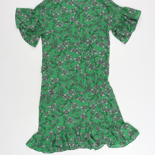 Yumi Womens Green Floral Polyester Sheath Size 8 Round Neck Zip - Ruffle