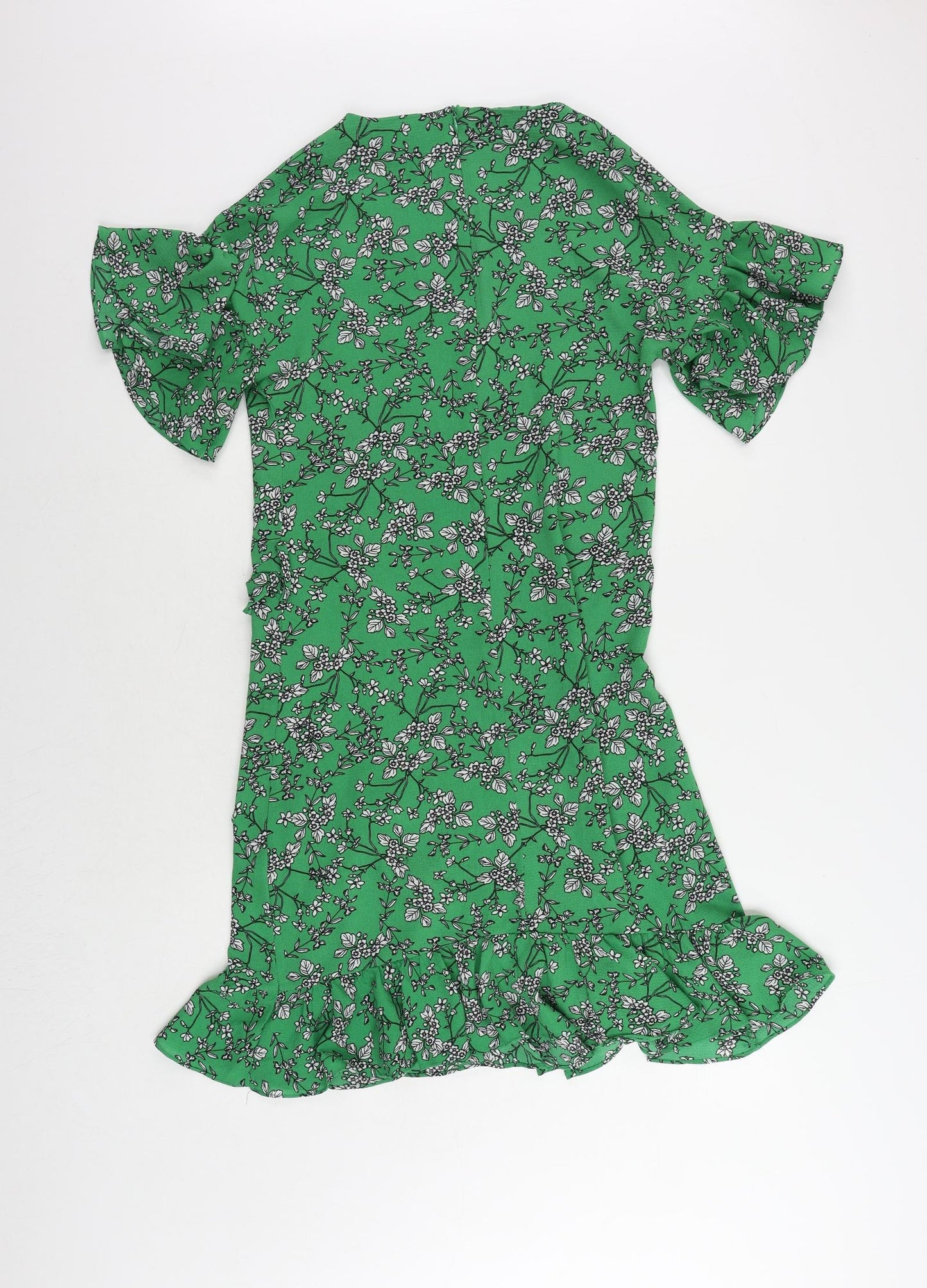Yumi Womens Green Floral Polyester Sheath Size 8 Round Neck Zip - Ruffle