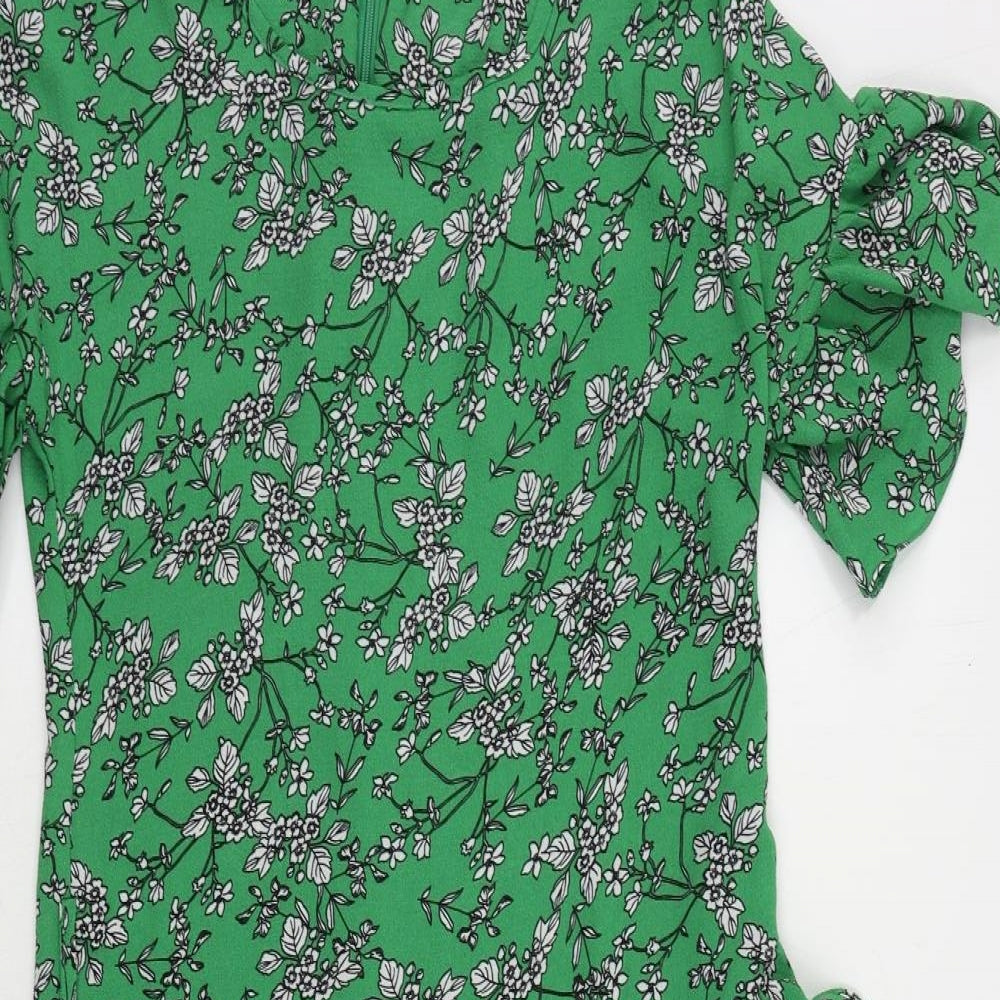 Yumi Womens Green Floral Polyester Sheath Size 8 Round Neck Zip - Ruffle
