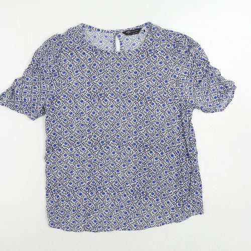 Marks and Spencer Womens Blue Geometric Viscose Basic Blouse Size 10 Round Neck