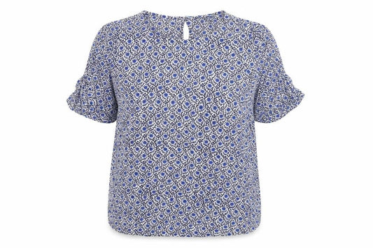 Front view of Marks & Spencer women’s blue geometric viscose basic blouse, size UK 10, round neck