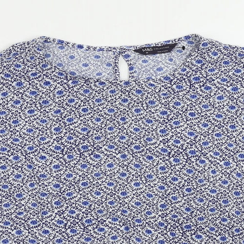 Marks and Spencer Womens Blue Geometric Viscose Basic Blouse Size 10 Round Neck