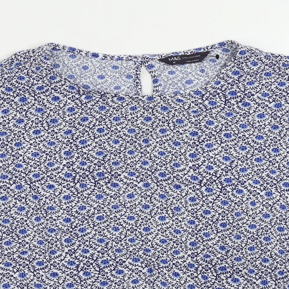 Marks and Spencer Womens Blue Geometric Viscose Basic Blouse Size 10 Round Neck