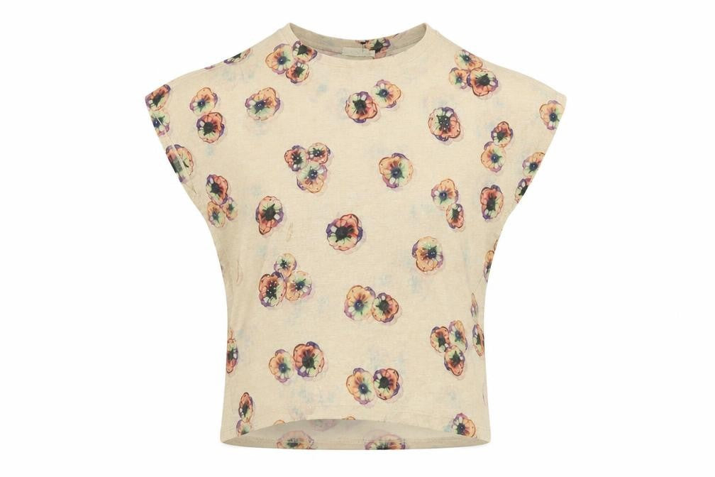 Front view of QED London women’s beige floral polyester basic blouse, size M, round neck