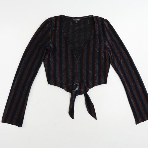 Miss Selfridge Womens Black Striped Nylon Cropped Blouse Size 8 V-Neck - Glitter