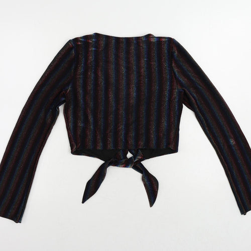 Miss Selfridge Womens Black Striped Nylon Cropped Blouse Size 8 V-Neck - Glitter