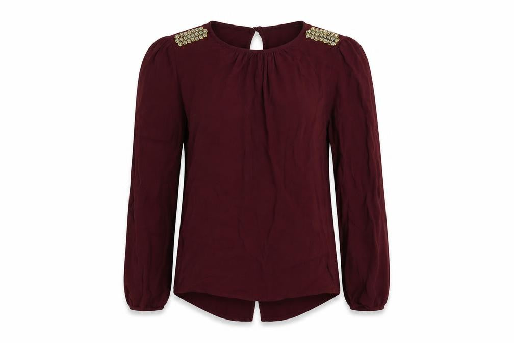 Front view of Zara women’s purple viscose basic blouse, size XS, round neck - embellished