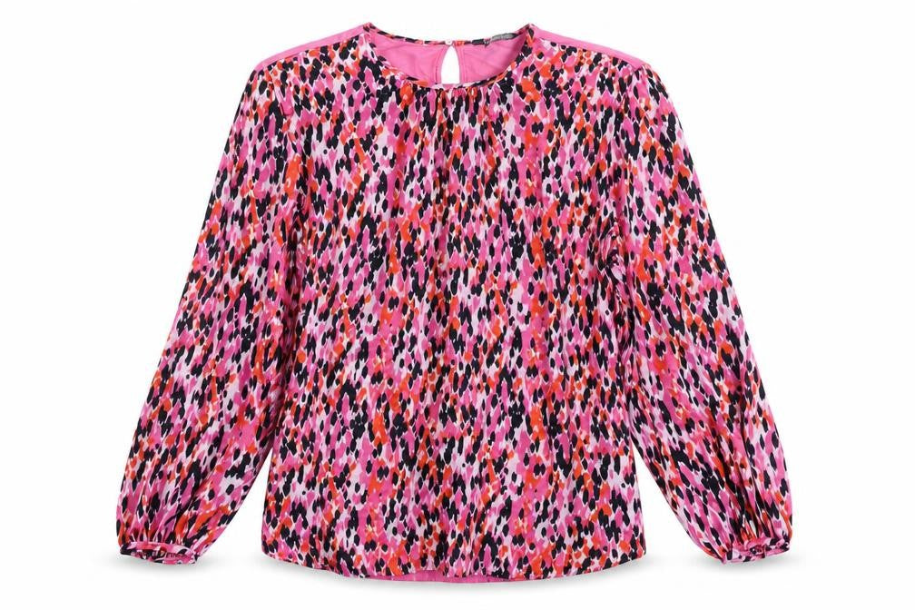 Front view of Marks & Spencer women’s pink animal print polyester basic blouse, size UK 10, round neck