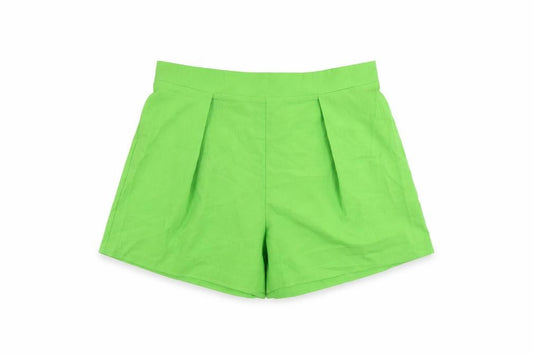 Front view of Della Mel women’s green polyester basic shorts, size L, 4-inch leg regular - elastic waist