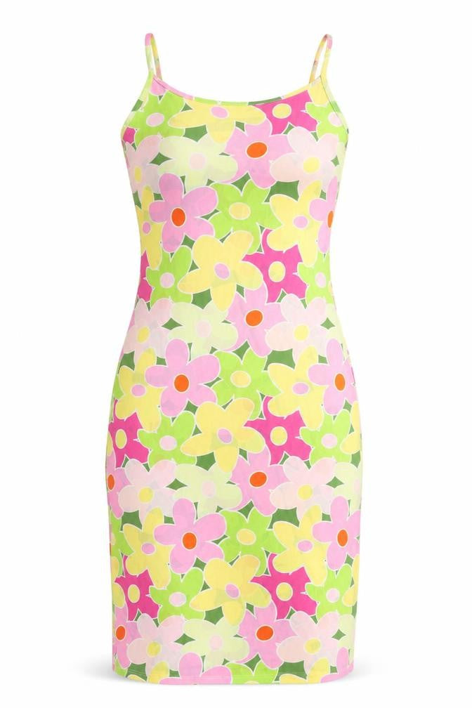 Front view of VILA women’s multicoloured floral polyester slip dress, size M, scoop neck pullover