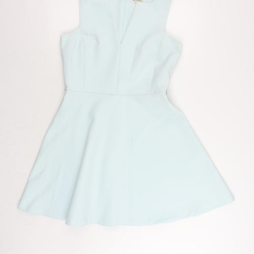 Miss Selfridge Womens Blue Polyester Skater Dress Size 14 V-Neck Zip