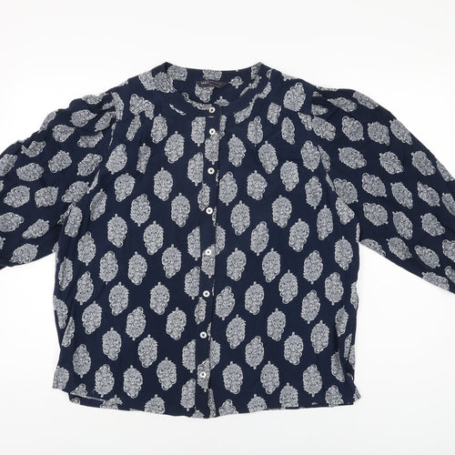 Marks and Spencer Womens Blue Geometric Viscose Basic Button-Up Size 12 Round Neck