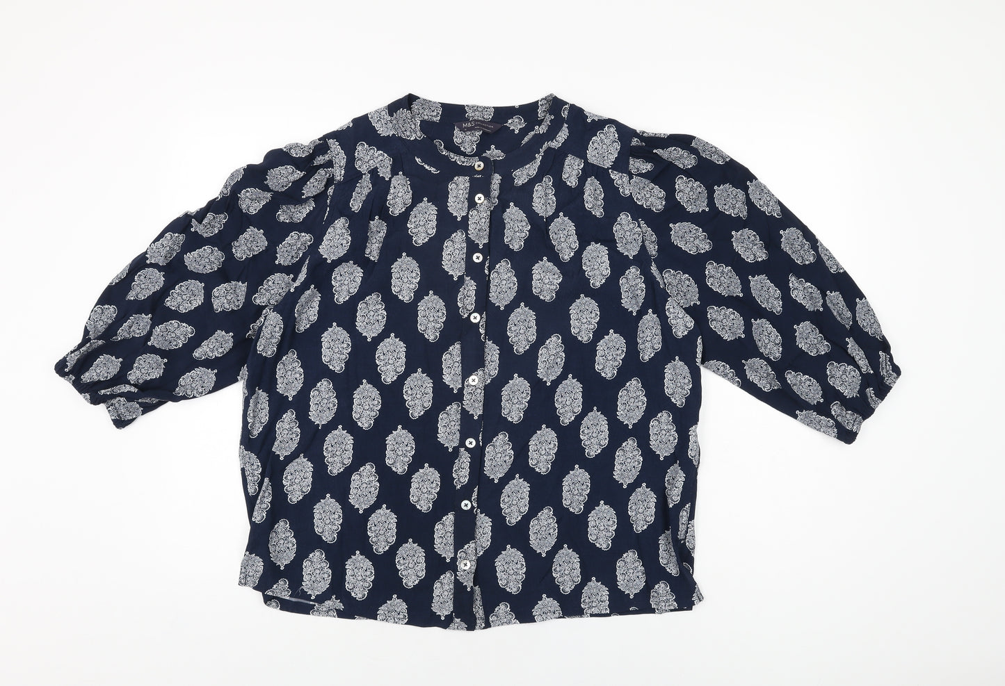 Marks and Spencer Womens Blue Geometric Viscose Basic Button-Up Size 12 Round Neck