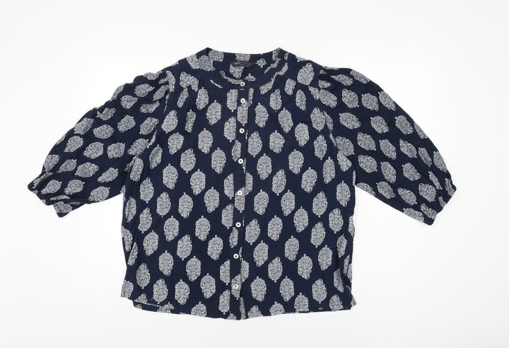Marks and Spencer Womens Blue Geometric Viscose Basic Button-Up Size 12 Round Neck