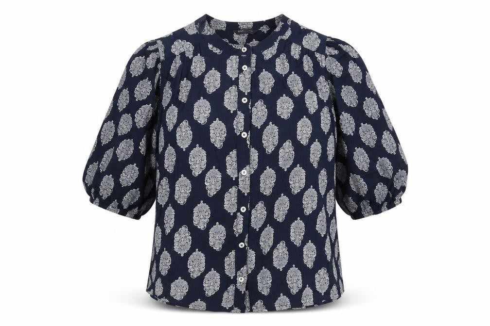 Front view of Marks & Spencer women’s blue geometric viscose basic button-up, size UK 12, round neck