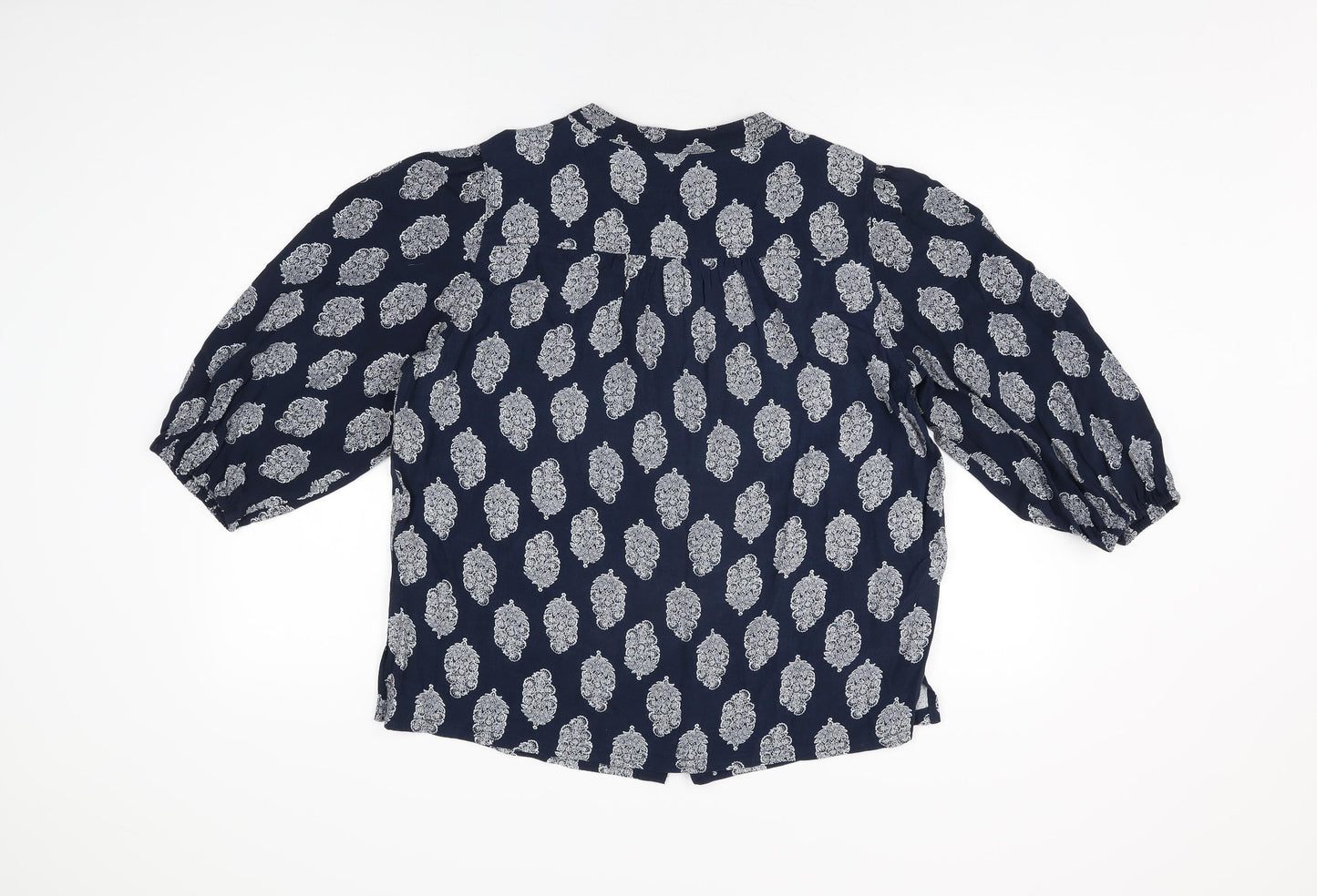 Marks and Spencer Womens Blue Geometric Viscose Basic Button-Up Size 12 Round Neck