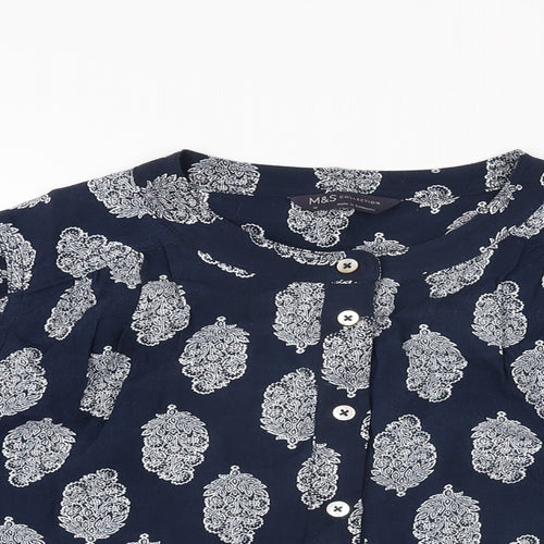 Marks and Spencer Womens Blue Geometric Viscose Basic Button-Up Size 12 Round Neck
