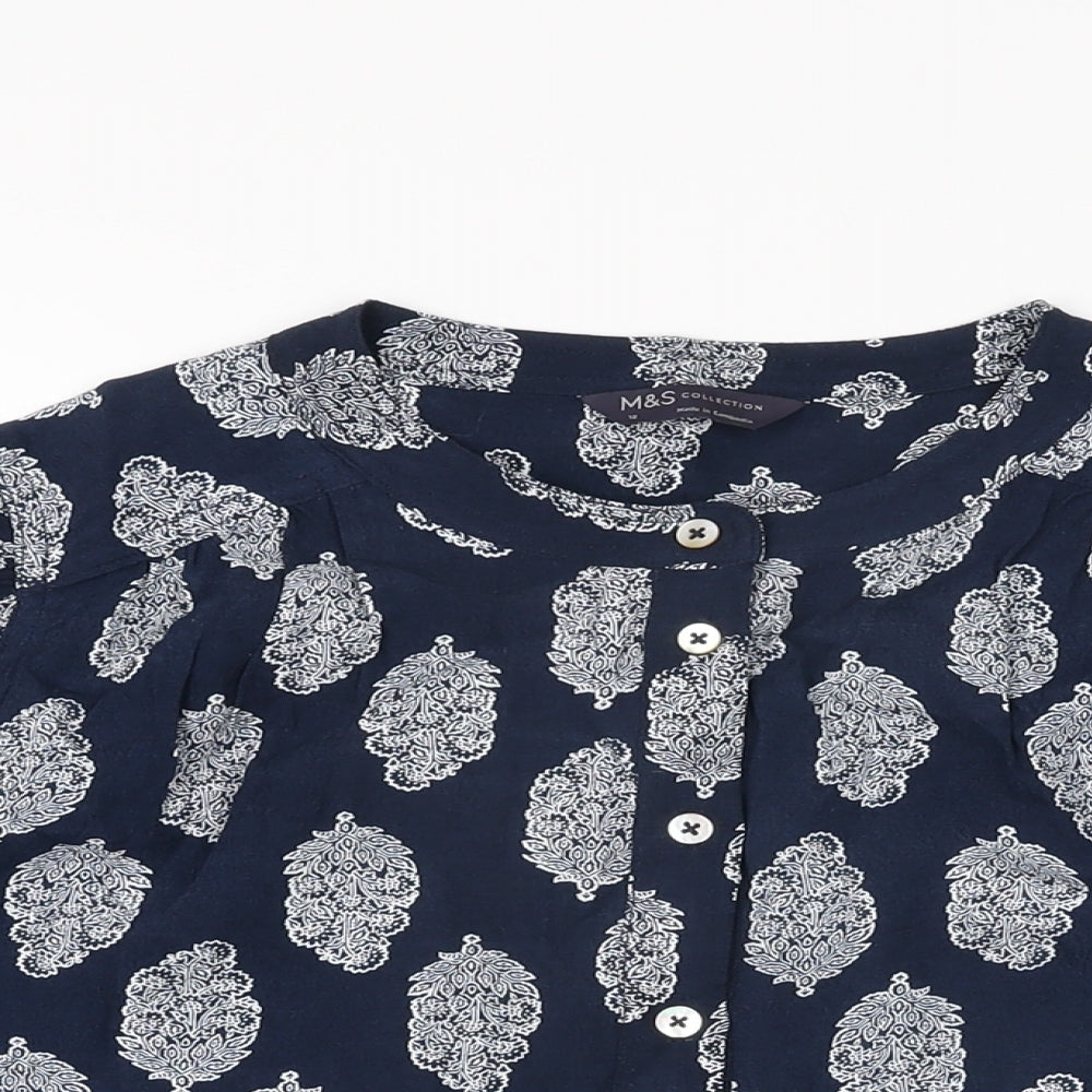 Marks and Spencer Womens Blue Geometric Viscose Basic Button-Up Size 12 Round Neck