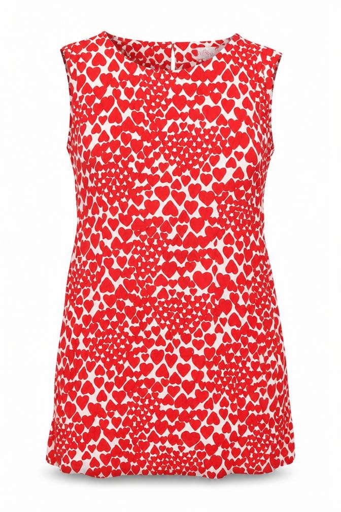 Front view of Be Beau women’s red geometric viscose shift, size UK 16, round neck zip