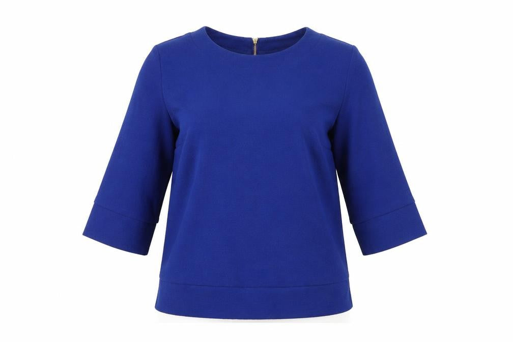 Front view of Marks & Spencer women’s blue polyester basic t-shirt, size UK 8, round neck