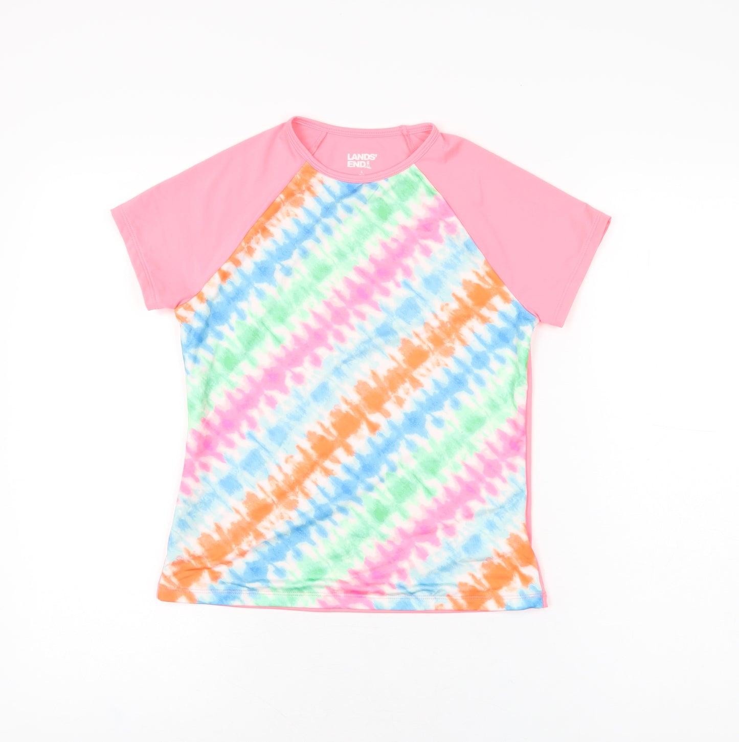 Lands' End Girls Pink Geometric Polyester Basic T-Shirt Size L Round Neck Pullover