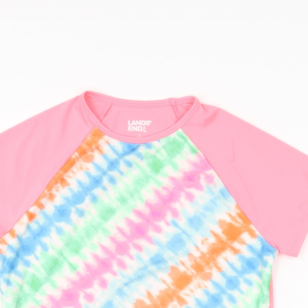 Lands' End Girls Pink Geometric Polyester Basic T-Shirt Size L Round Neck Pullover