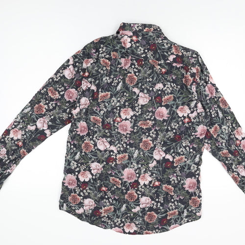 H&M Mens Black Floral Cotton Button-Up Size M Collared Button