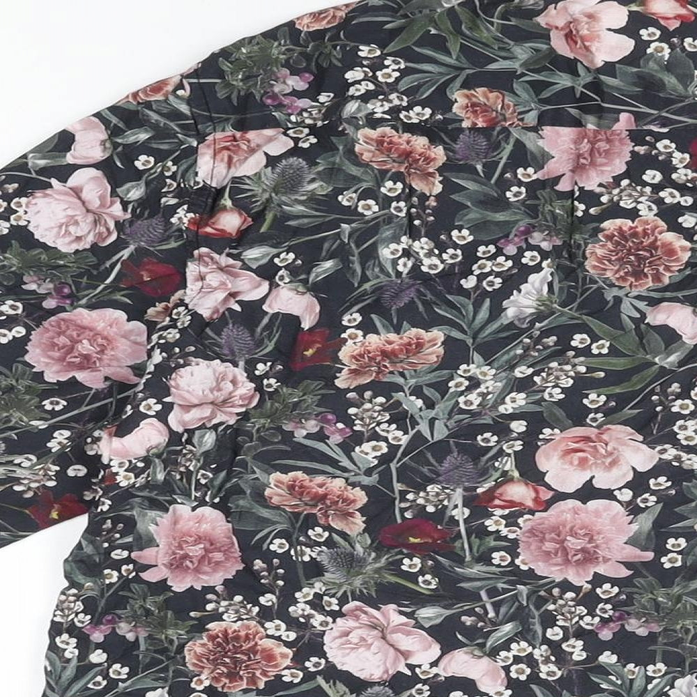H&M Mens Black Floral Cotton Button-Up Size M Collared Button