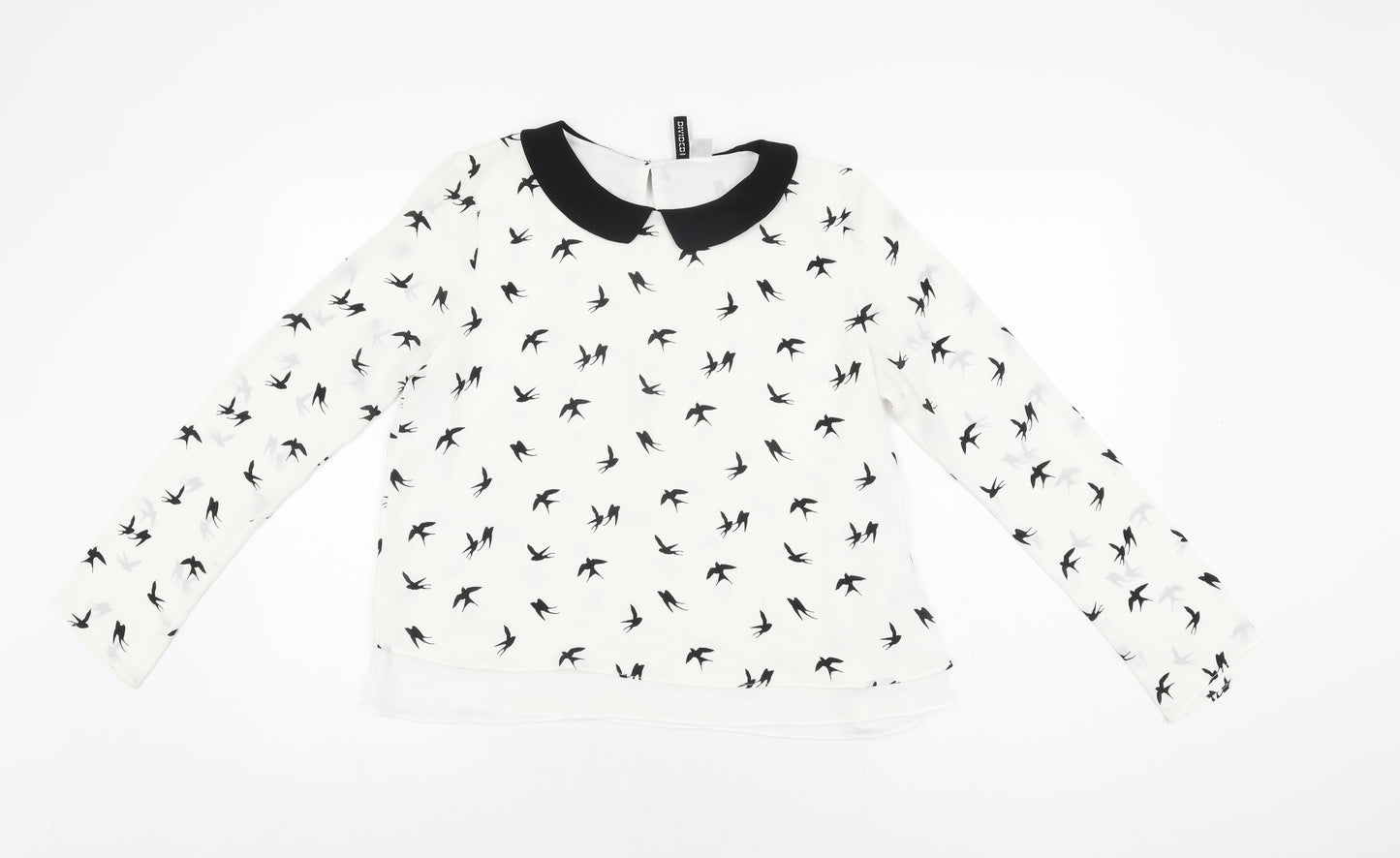 H&M Womens White Geometric Polyester Basic Blouse Size 10 Collared - Bird Print