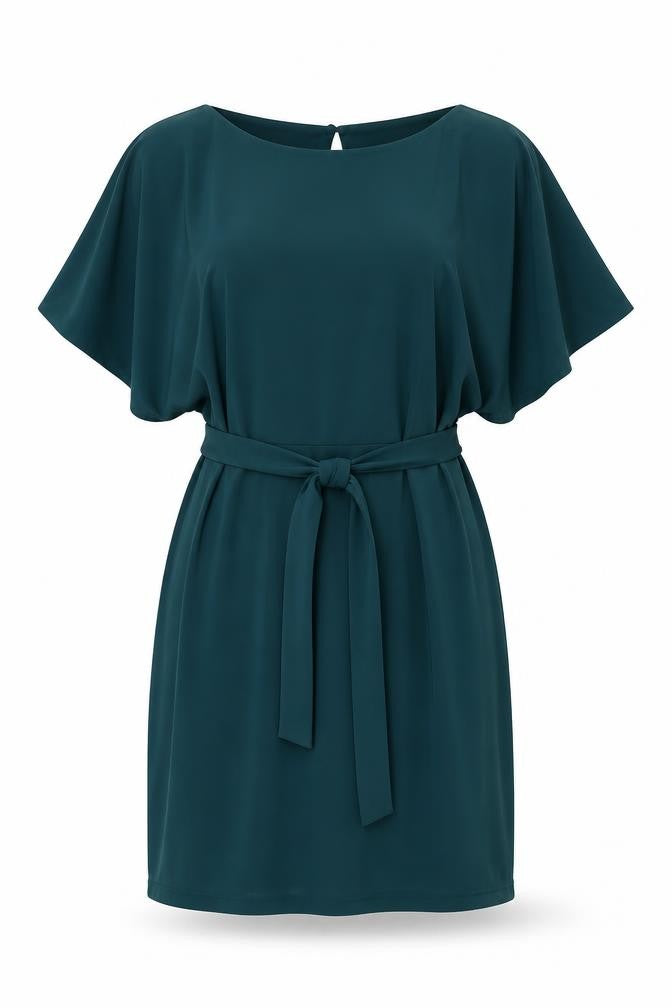 Front view of Wardrobe women’s green polyester shift, size M, boat neck pullover