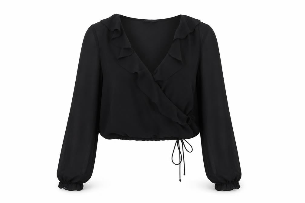 Front view of Wednesday's Girl women’s black polyester wrap blouse, size M, v-neck